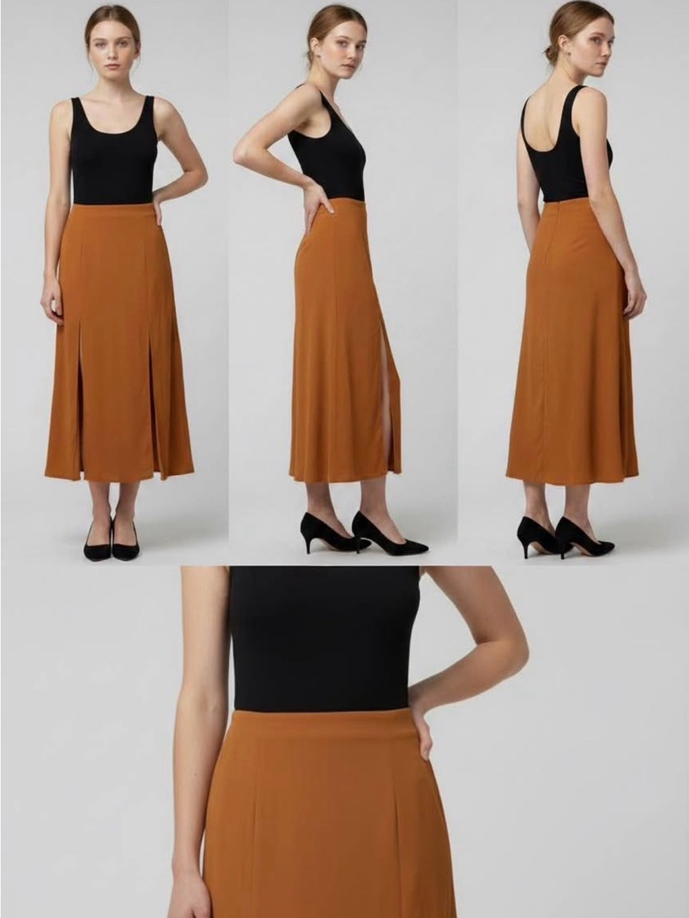 Womens Rust Midi Skirt with Front Slits - Picture 2 of 2